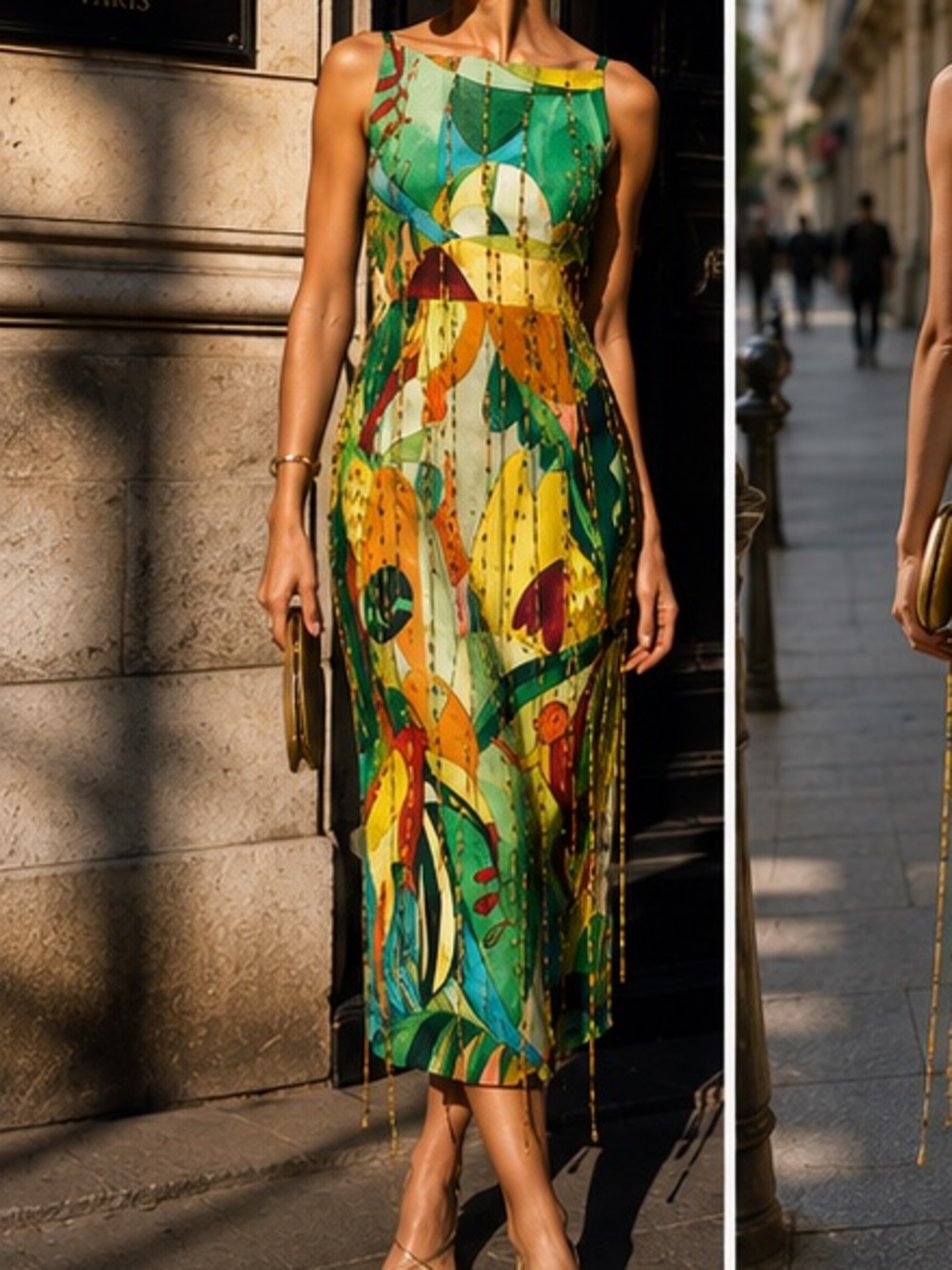 Alemais Mokshini Beaded fringed Green Multi-Color Abstract Print Midi Dress